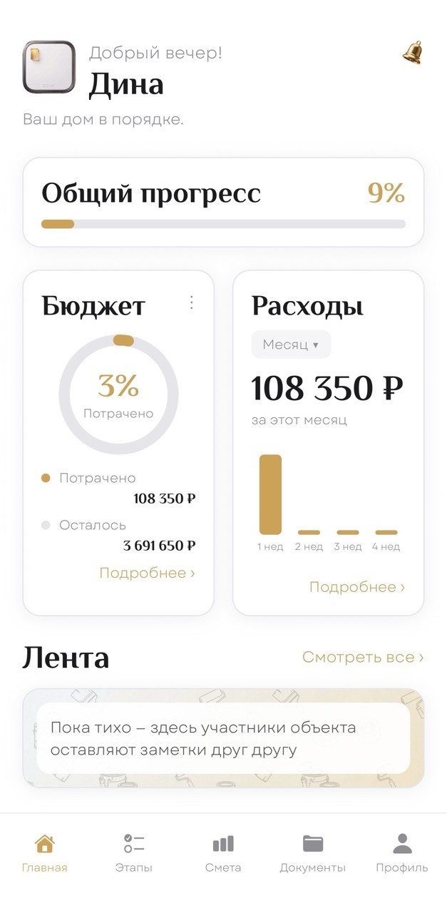 Главный экран проекта в приложении Дома